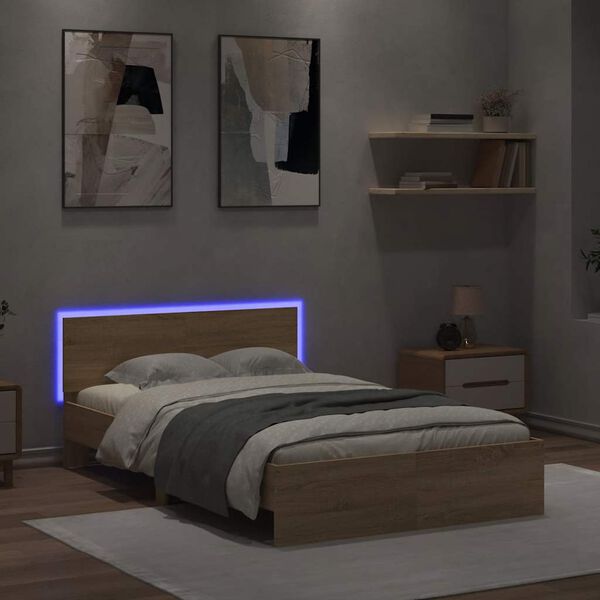vidaXL Bed Frame with Headboard and LED Sonoma Oak 140x190 cm