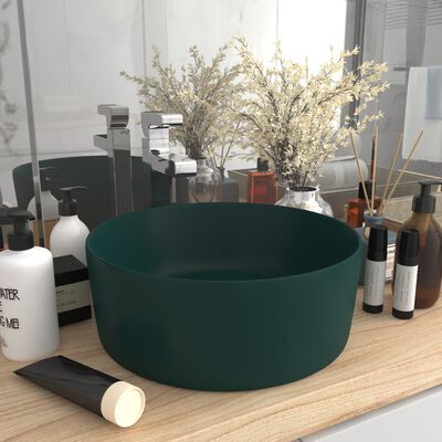 vidaXL Luxury Wash Basin Round Matt Dark Green 40x15 cm Ceramic