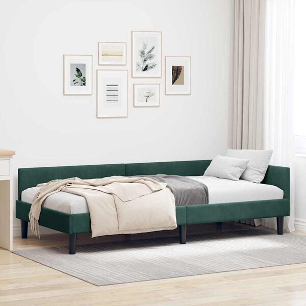 vidaXL Corner Bed Frame Dark Green 100 cm x 200 cm Velvet