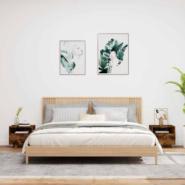 vidaXL Bedside Cabinets with LED Lights 2 pcs Smoked Oak 40x39x37 cm