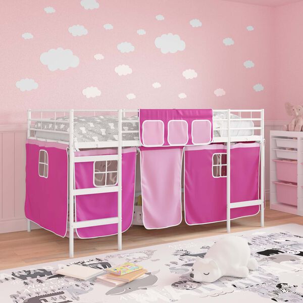 vidaXL Kids'Loft Bed Frame with Curtains White and Pink 99.5 x 200 cm