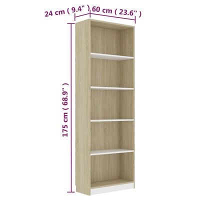 vidaXL 5-Tier Book Cabinet White and Sonoma Oak 60x24x175 cm Engineered Wood