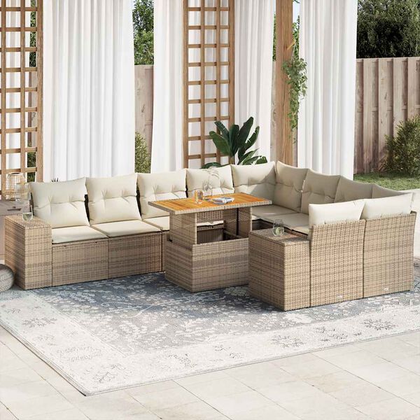vidaXL 10 Piece Garden Sofa Set with Cushions Beige Poly Rattan Acacia