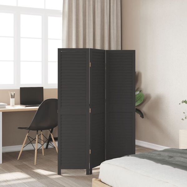 vidaXL Room Divider 3 Panels Black Solid Wood Paulownia