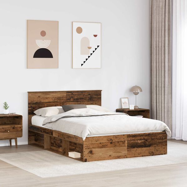vidaXL Bed Frame with Headboard Old Wood 140 x 190 cm Solid Pine Wood