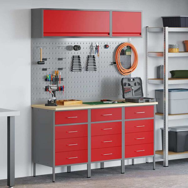 vidaXL Work Cabinet Set with Drawer with Storage Manual 8 pcs Red