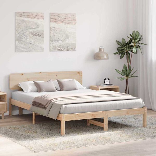 vidaXL Bed Frame with Headboard Natural 200 x 200 cm Solid Pine Wood