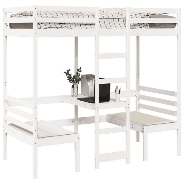 vidaXL Loft Bed Frame with Desk and Chairs White 80x200cm Solid Wood Pine