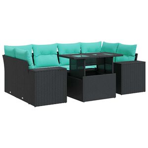 vidaXL 7 Piece Garden Sofa Set with Cushions Black Poly Rattan Acacia