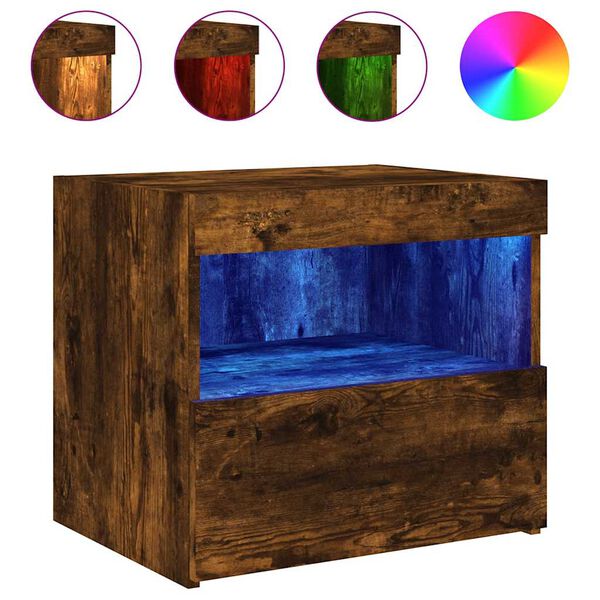 vidaXL Bedside Cabinet with LED Lights Smoked Oak 50x40x45 cm