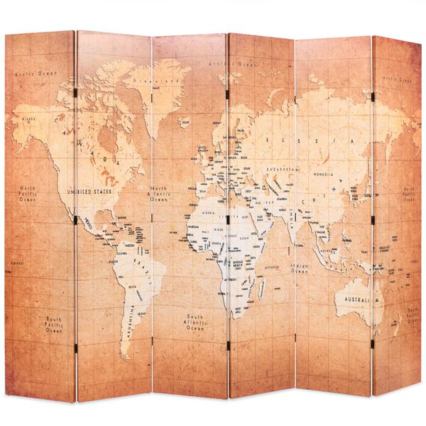 vidaXL Folding Room Divider 228x170 cm World Map Yellow