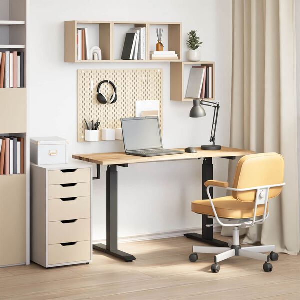 vidaXL Desk with Storage Black and Natural 140 x 60 cm Solid Oak Wood