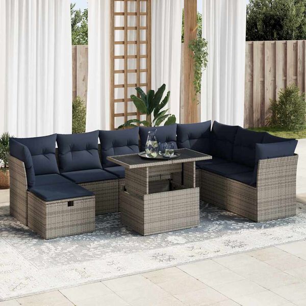 vidaXL 9 Piece Garden Sofa Set with Cushions Grey Poly Rattan Acacia