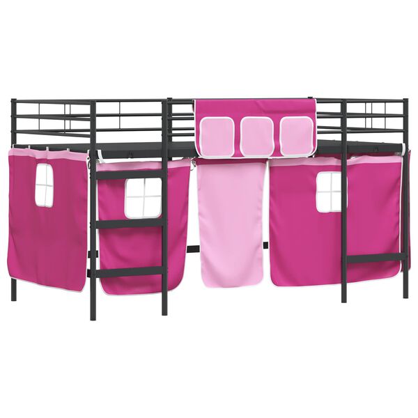 vidaXL Kids'Loft Bed Frame with Curtains Black and Pink 90 x 201 cm