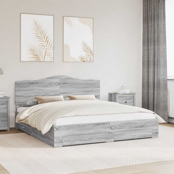 vidaXL Bed Frame with Drawer Grey Sonoma 200 x 200 cm Engineered Wood
