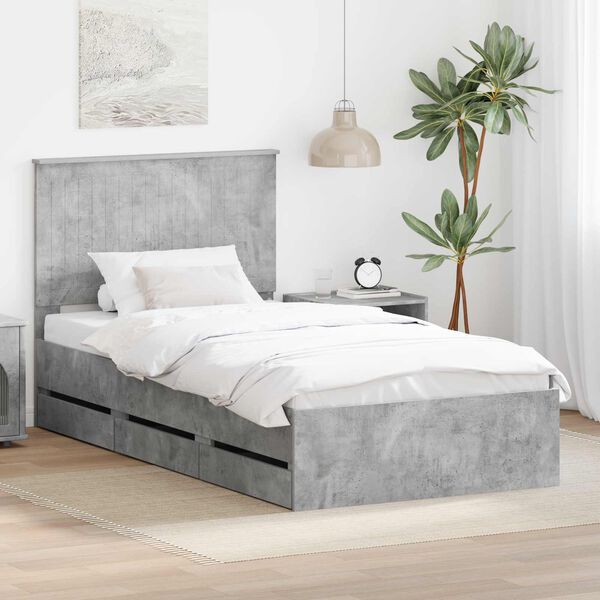 vidaXL Bed Frame with Drawer Concrete Grey 100 x 200 cm Engineer Wood