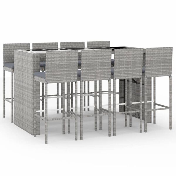 vidaXL 9 Piece Garden Bar Set with Cushions Grey Poly Rattan