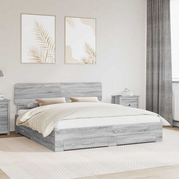 vidaXL Bed Frame with Drawer Grey Sonoma 200 x 200 cm Engineered Wood