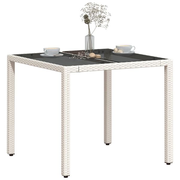 vidaXL Garden Table with Glass Top White 90x90x75 cm Poly Rattan