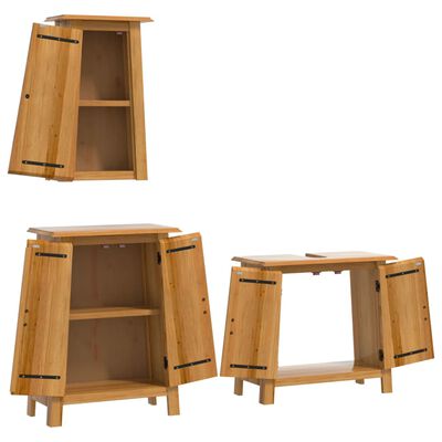 Two wooden bathroom cabinets with doors and shelving, plus a separate open cabinet.