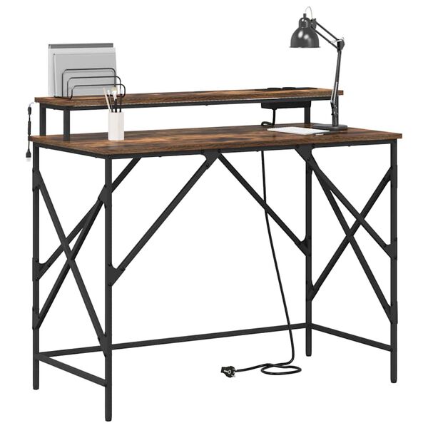 vidaXL Desk with Shelf Smoked Oak 100 x 50 x 86.5 cm Engineered Wood