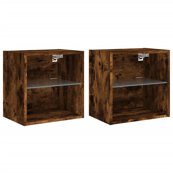 vidaXL Bedside Cabinets with LED Lights Wall-mounted 2 pcs Smoked Oak