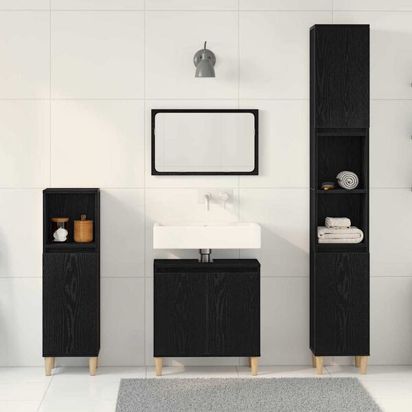 vidaXL Bathroom Furniture Set Wall-mounted with Door 3 pcs Black Oak