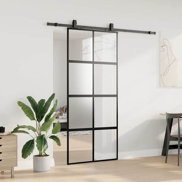 vidaXL Sliding Door with Hardware Set Black 90x205 cm Tempered Glass