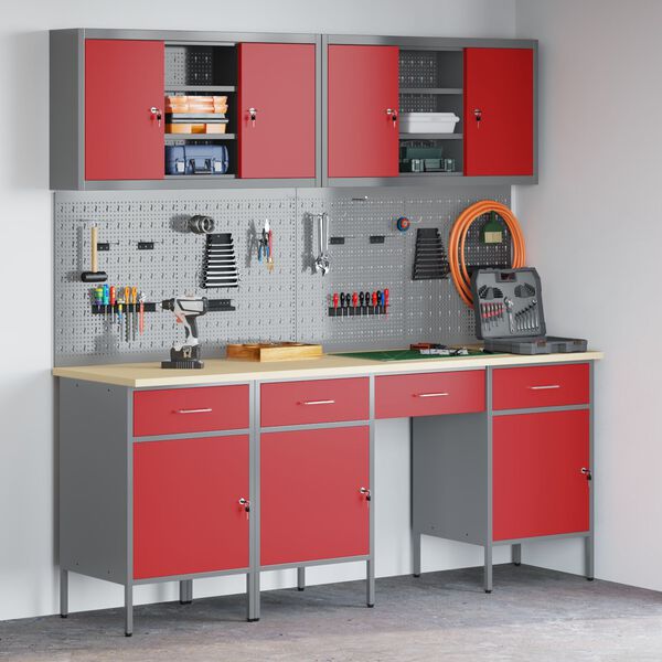 vidaXL Work Bench with Drawer 10 pcs Red 200 x 55 x 200 cm Steel