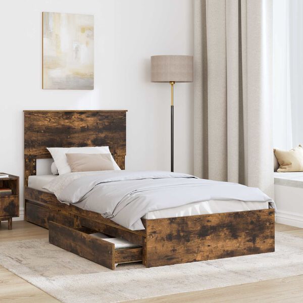 vidaXL Storage Bed with Drawer Smoked Oak 100 x 200 cm Engineered Wood