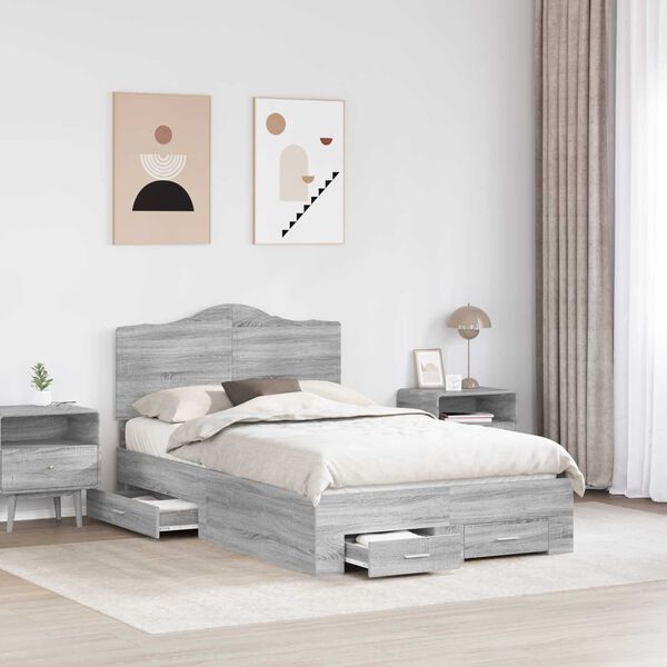 vidaXL Bed Frame with Drawer Grey Sonoma 120 x 190 cm Engineered Wood