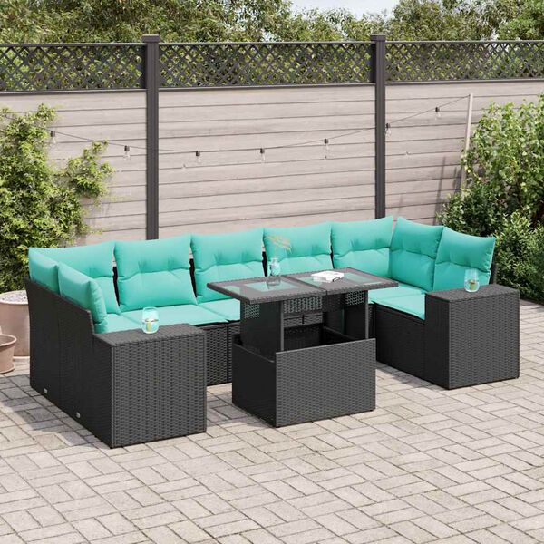 vidaXL 8 Piece Garden Sofa Set with Cushions Black Poly Rattan Acacia