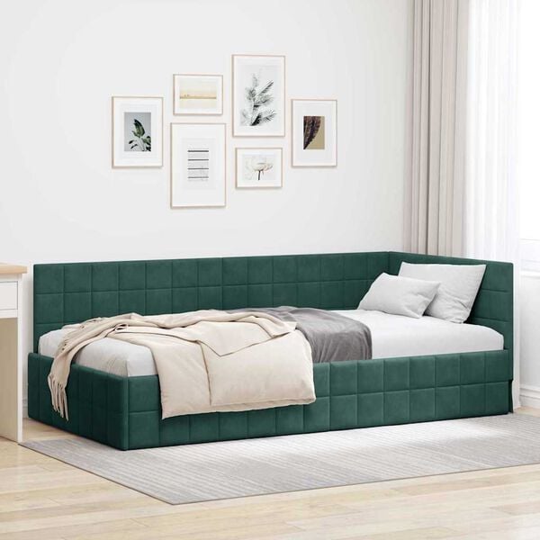 vidaXL Corner Bed Frame Dark Green 90 cm x 190 cm Velvet