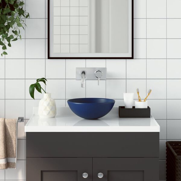 vidaXL Bathroom Sink Ceramic Dark Blue Round