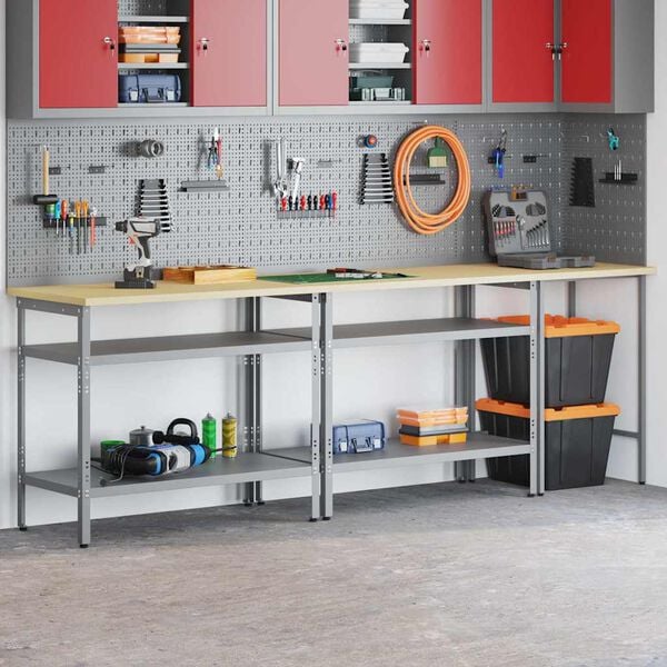 vidaXL Work Bench Set with Shelf with Storage 3 pcs Grey Steel