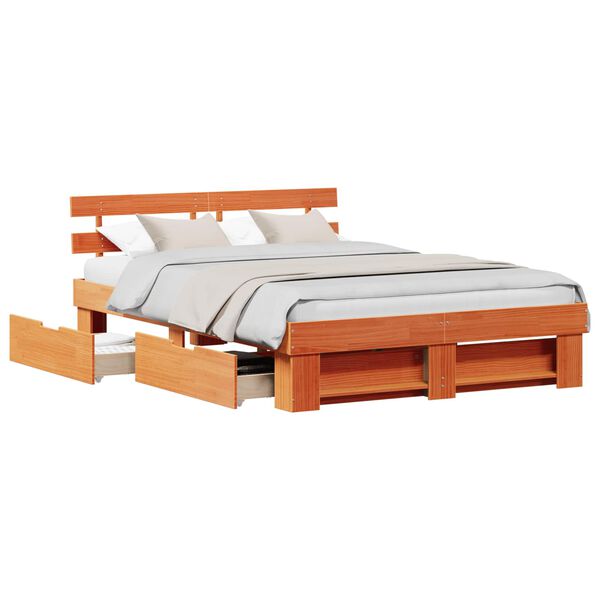 vidaXL Bed Frame with Headboard Wax Brown 140 x 200 cm Solid Pine Wood