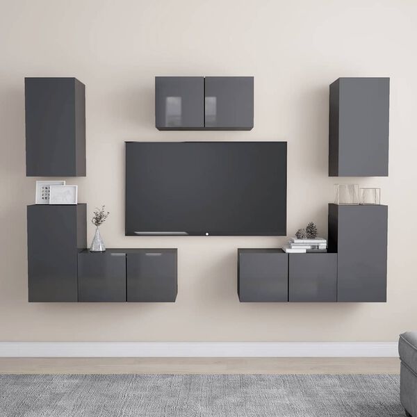 vidaXL 7 Piece TV Cabinet Set High Gloss Grey Engineered Wood
