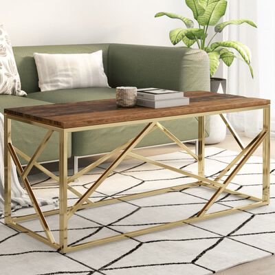 vidaXL Coffee Table Gold Stainless Steel and Solid Sleeper Wood