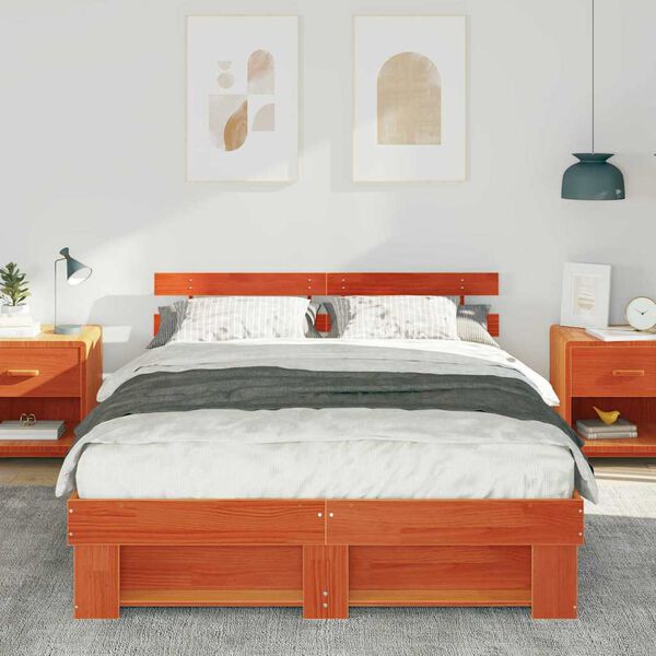 vidaXL Bed Frame with Headboard Wax Brown 150 x 200 cm Solid Pine Wood
