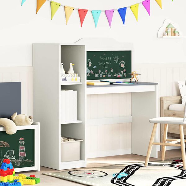 vidaXL Desk with Open Storage and Chalkboard ROROS White and Grey