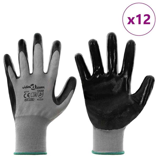vidaXL Work Gloves 12 pcs Grey and Black 11 / XXL Polyester