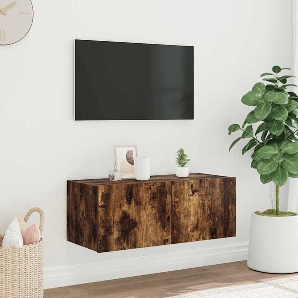 vidaXL TV Wall Cabinet with LED Lights Smoked Oak 80x35x31 cm