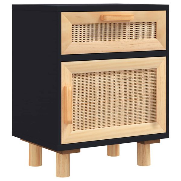 vidaXL Bedside Cabinet Black Solid Wood Pine and Natural Rattan
