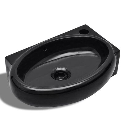 Ceramic Bathroom Sink Basin Faucet/Overflow Hole Black Round