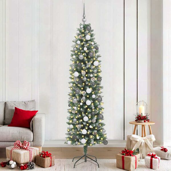 vidaXL Artificial Slim Christmas Tree Green and White 210 cm