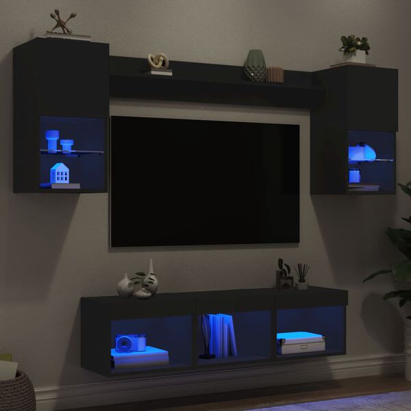 vidaXL 7 Piece TV Wall Units with LED Black Engineered Wood