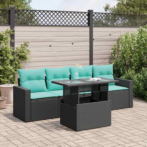 vidaXL 5 Piece Garden Sofa Set with Cushions Black Poly Rattan Acacia