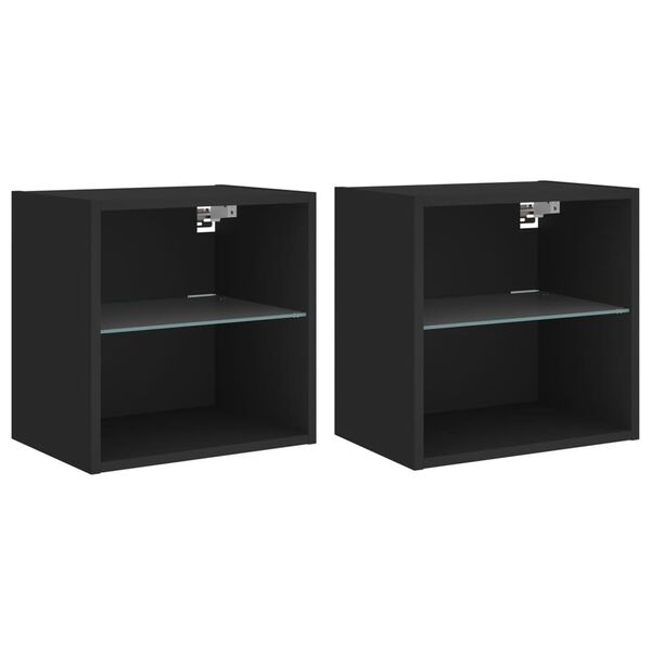 vidaXL Bedside Cabinets with LED Lights Wall-mounted 2 pcs Black