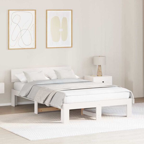 vidaXL Bed Frame with Headboard White 140 x 190 cm Solid Pine Wood