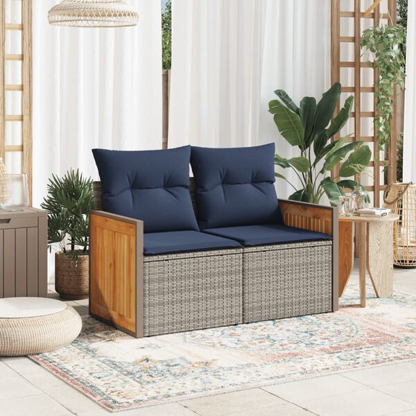 vidaXL Garden Sofa with Cushions 2-Seater Grey Poly Rattan